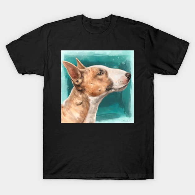 Painting of a Brown and White Bull Terrier on Teal Blue Background T-Shirt by ibadishi